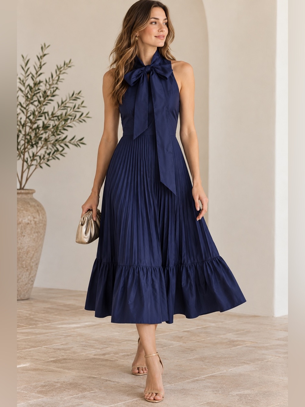 Ralph Lauren Navy Sleeveless Bow-Tie Pleated Midi Dress